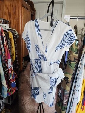 White Wrap Dress with Blue Leaf Print (NWOT)